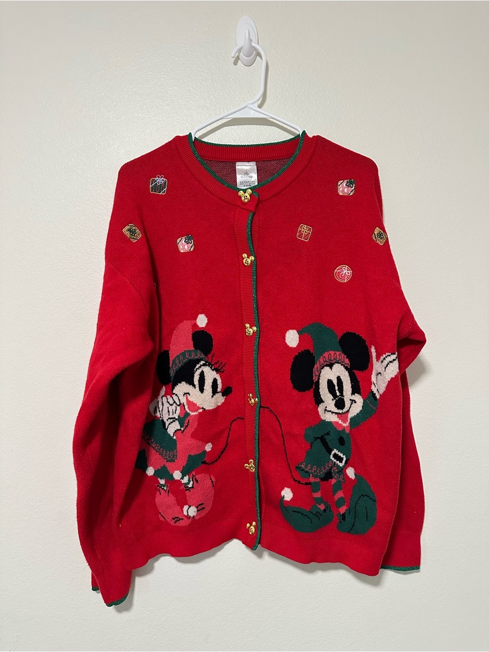 Disney Red Minnie and Mickey Elf Holiday Sweater Cardigan